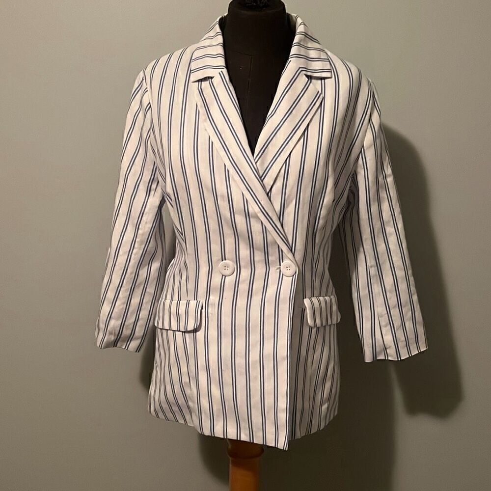 Moodie Womens White & Blue Striped Lined Double Breasted Blazer